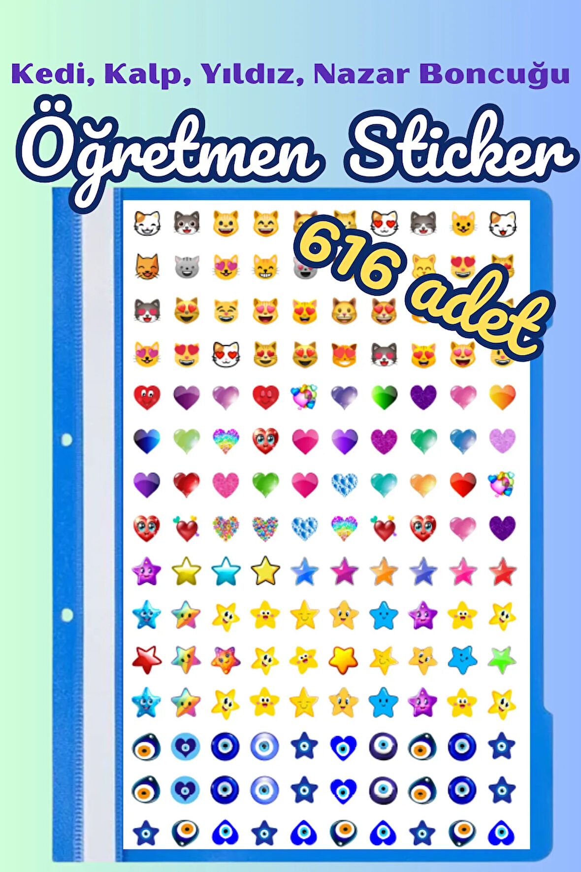 Öğretmenler Için Motivasyon Sticker Seti 616 Adet Karışık Kedi Emoji, Kalp, Yıldız, Nazar Boncuğu