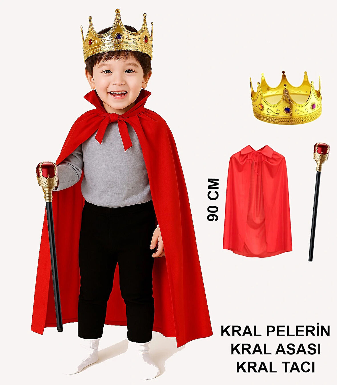 Leyloş Çocuk Kral Kostüm Seti – Kırmızı Pelerin, Taç Ve Asa (90 Cm)