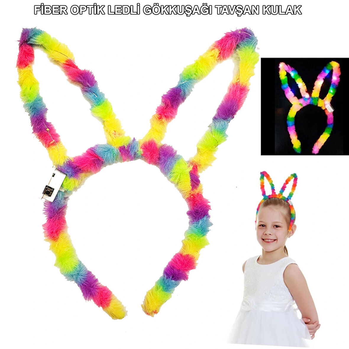 Leyloş Fiber Optik Led Gökkuşağı Tavşan Kulak