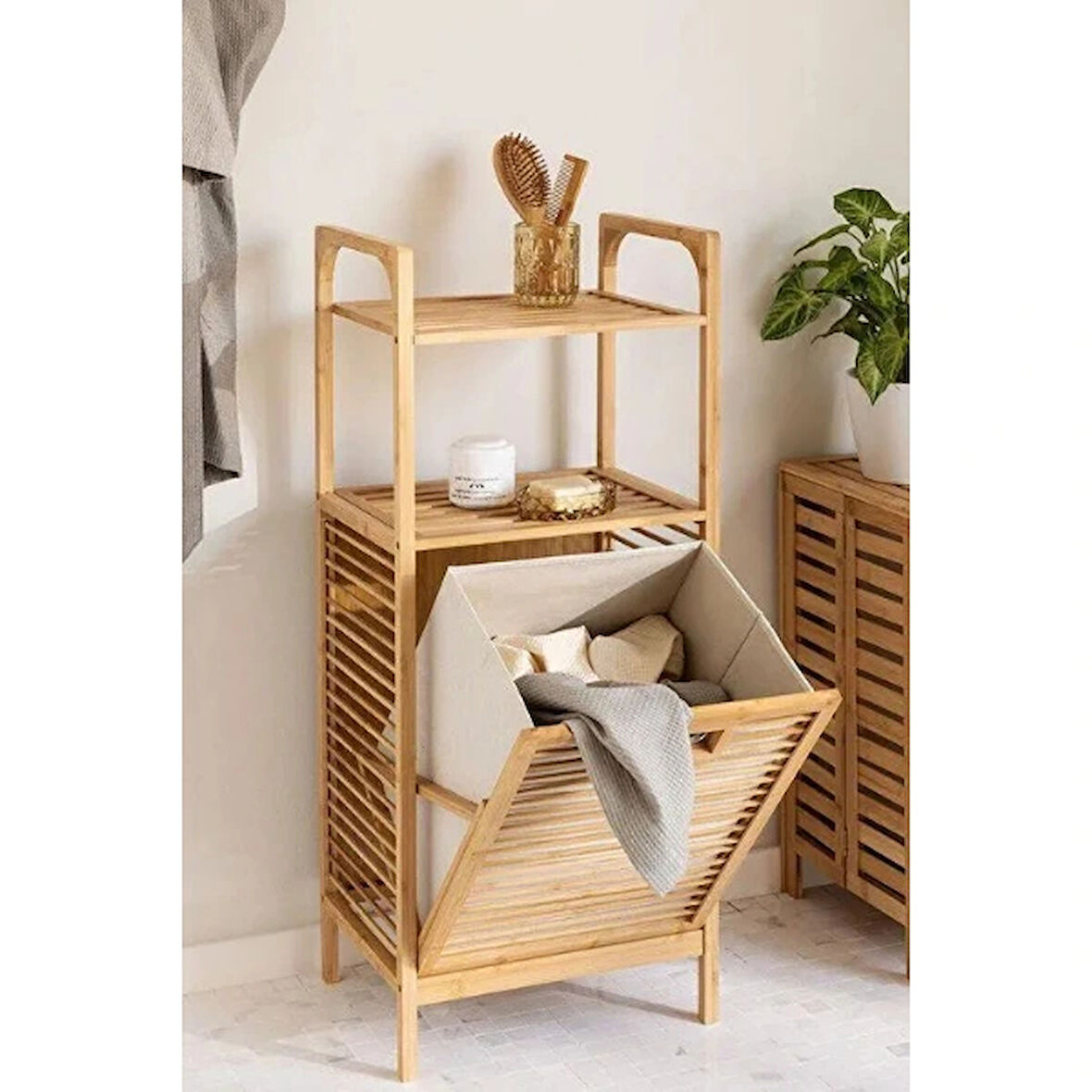 Leyloş 2 Organizer Raflı Ahşap Bambu Çek-aç Kirli Sepeti