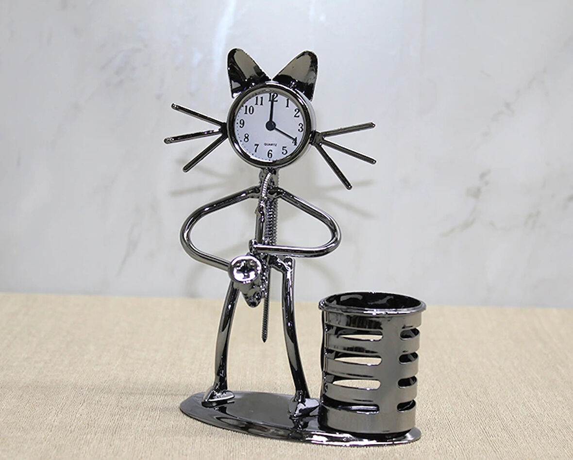 Leyloş Metal Saksafon Çalan Müzisyen Kedi Saat Ve Kalemlik