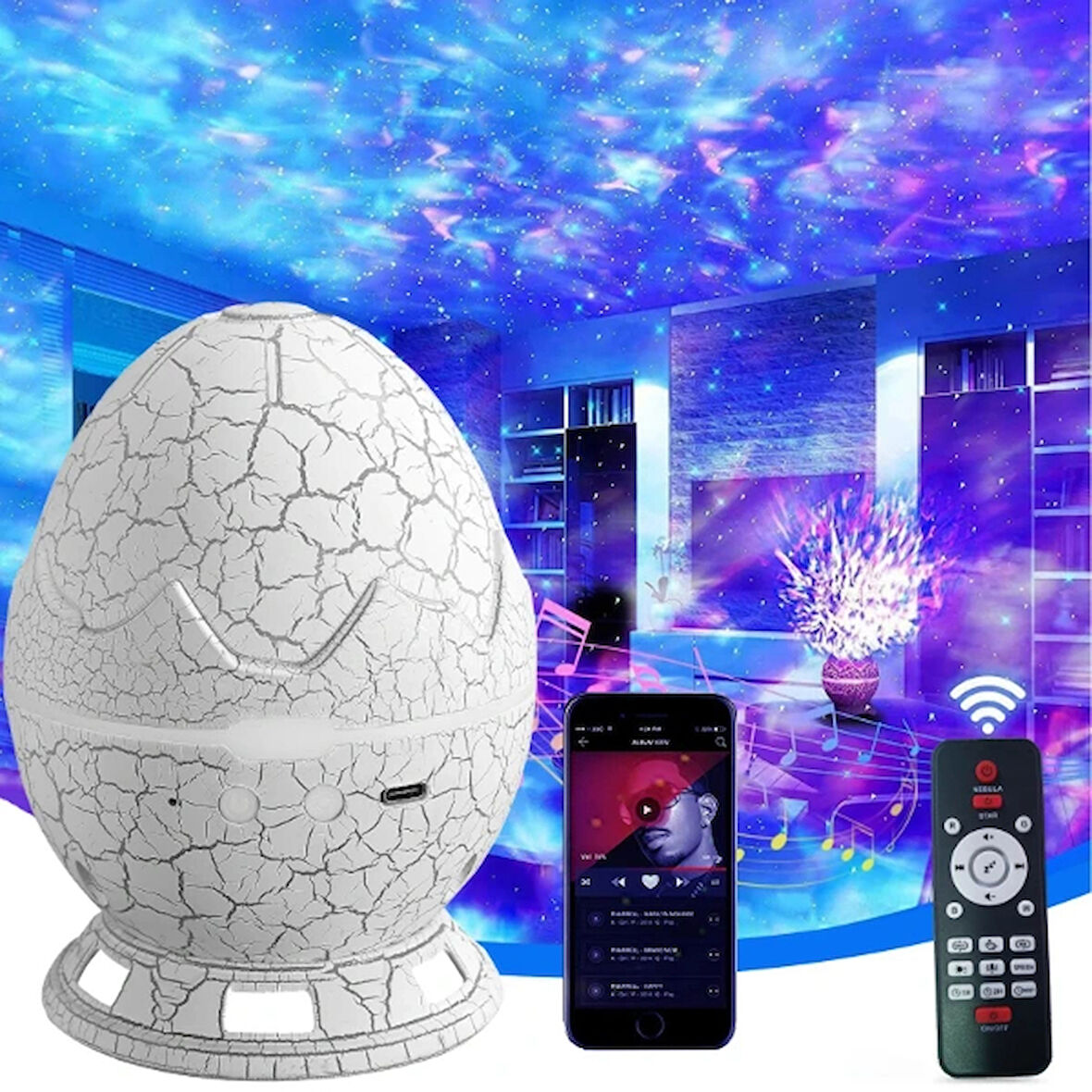 Leyloş Çatlak Dinozor Yumurtası Tasarımlı Projektörlü Gece Lambası Bluetooth Özellikli