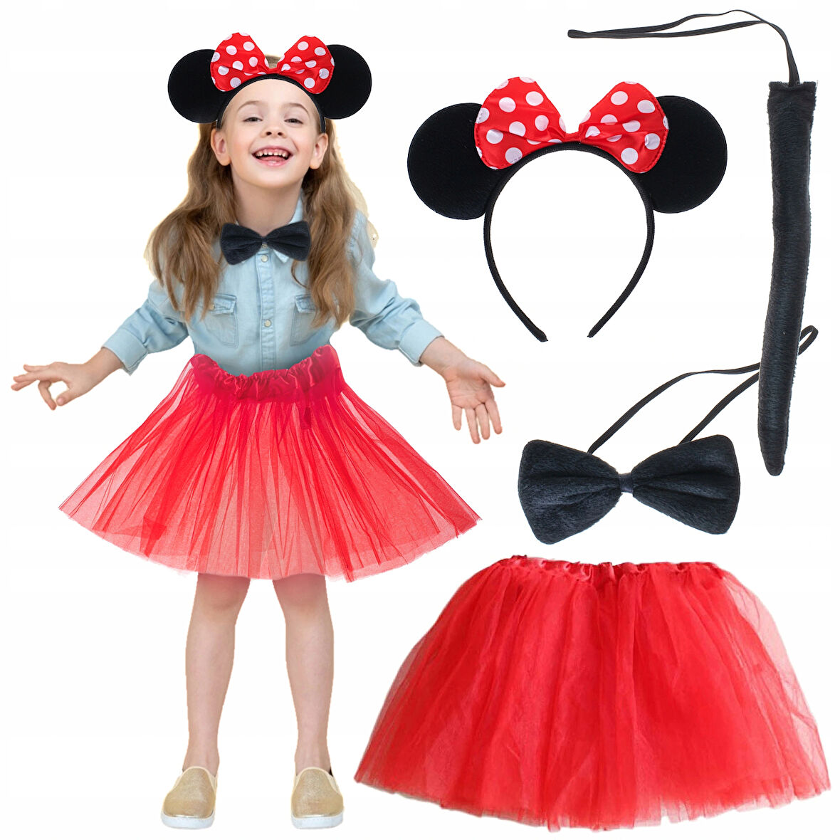 Leyloş Minnie Mouse Kostüm Seti - Etek, Taç, Kuyruk, Papyon