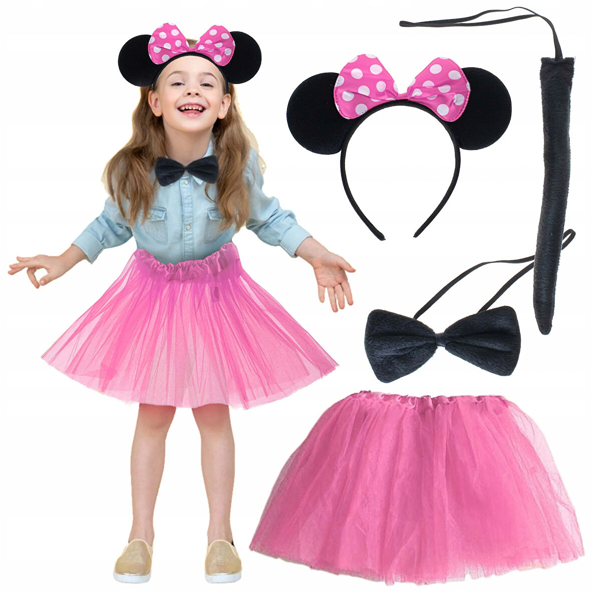 Leyloş Minnie Kostüm Seti (pembe Tütü Etek + Pembe Taç + Papyon + Kuyruk)
