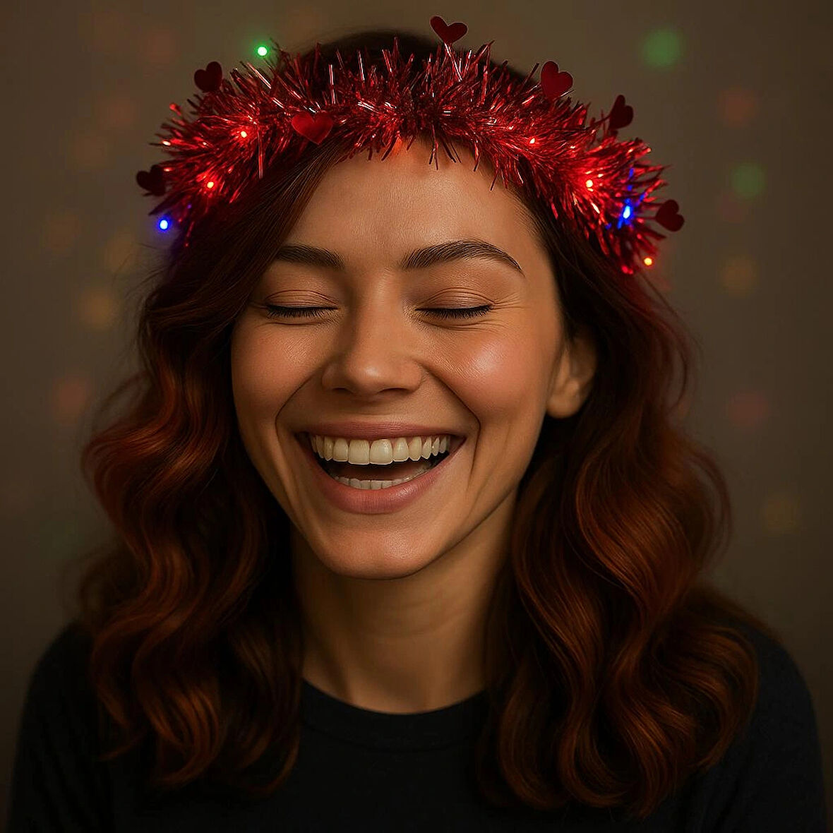 Leyloş Kalp Püsküllü 3 Modlu Led Işıklı Taç Kırmızı Renk