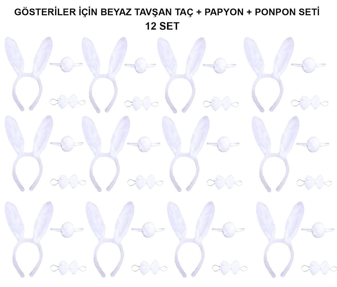 Leyloş Beyaz Tavşan Kostüm Seti – Taç, Papyon, Kuyruk (12’li Paket)