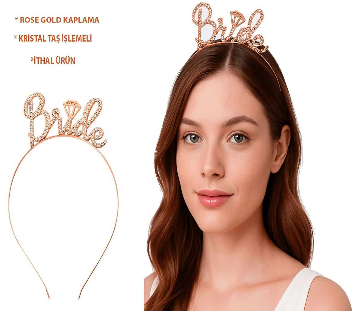 Leyloş Rose Gold Renkli Taşlı “bride” Gelin Tacı