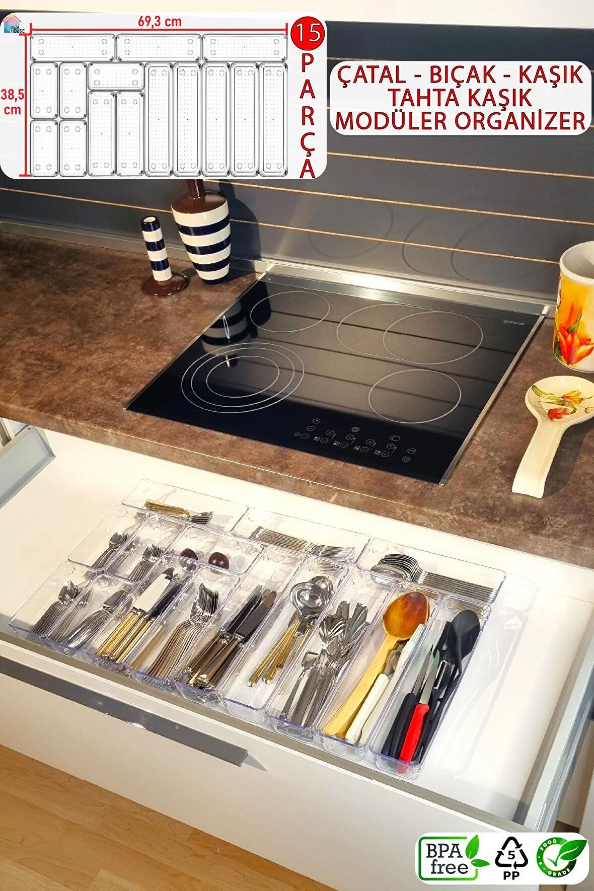 15'li Modüler Kaşıklık Organizer Çekmece Içi Şeffaf Düzenleyici Drawer Tahta Kaşık Kepçe Organizer