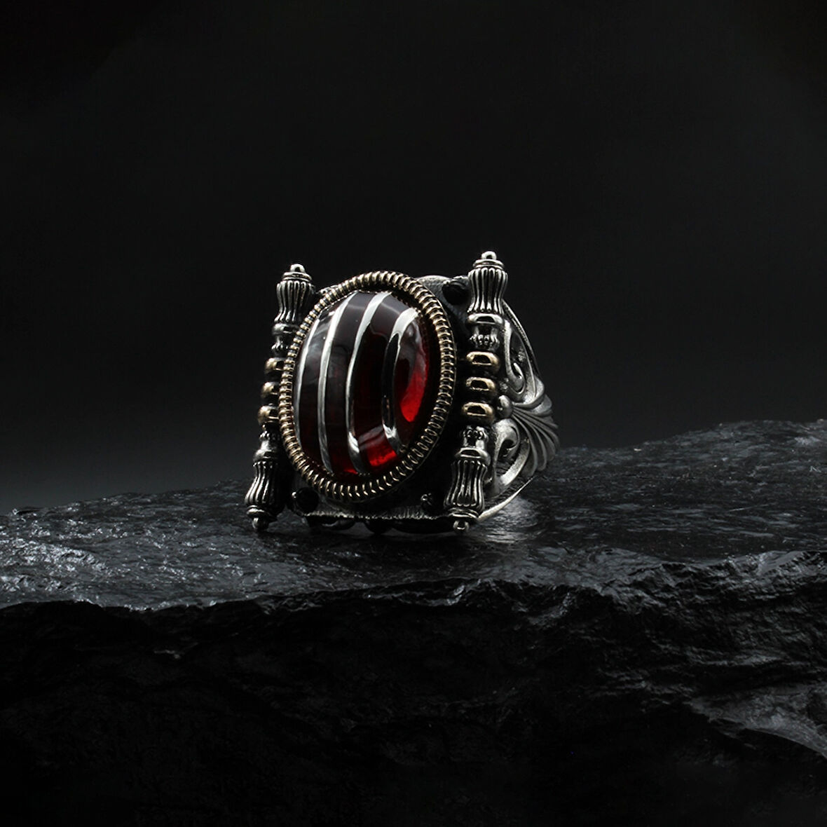 Gümüş Çizgili Kırmızı Gümüş Yüzük