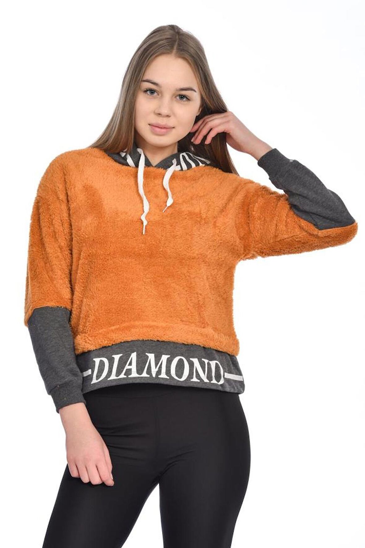 Kapüşonlu Baskılı Uzun Kollu Hardal Peluş Kadın Sweatshirt