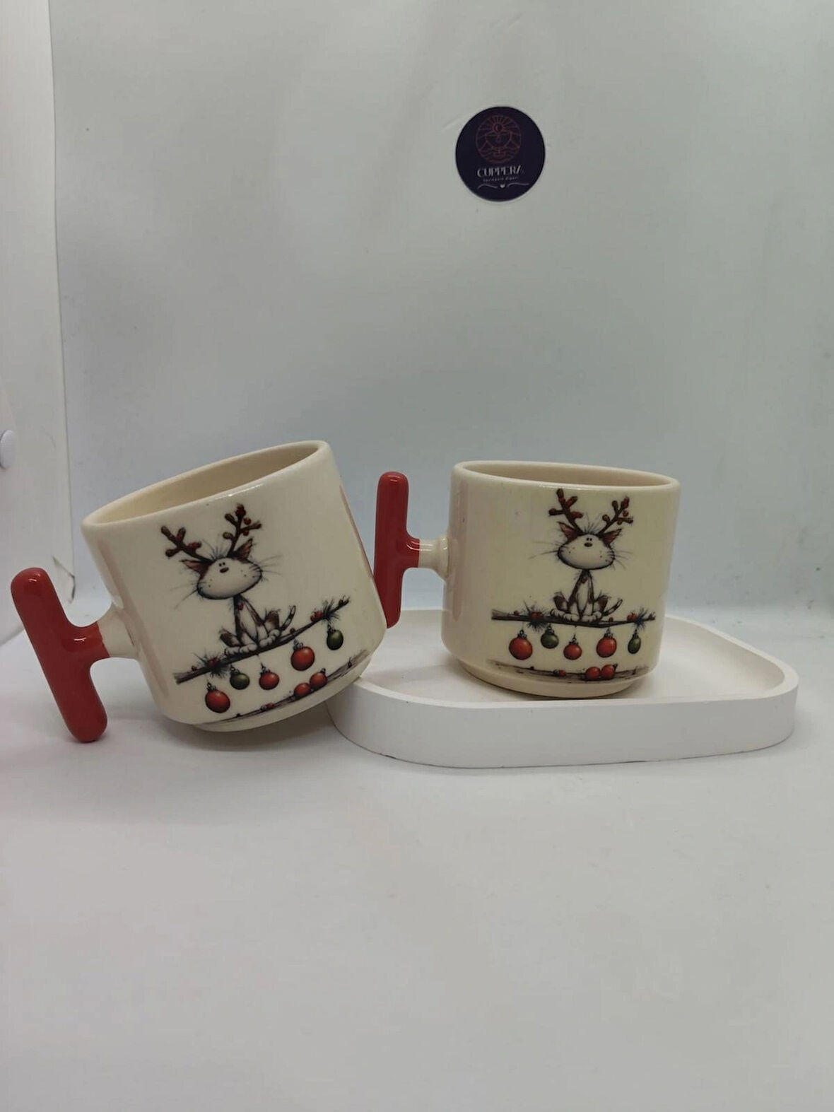 Kırmızı Saplı, Sevimli Yılbaşı Desenli 150 ML Seramik Kupa (2 ADET)