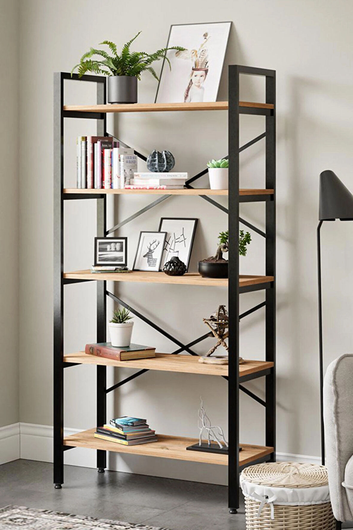 Furniqo KT-2 Metal Dekoratif 5 Raflı Kitaplık, Çalışma Odası ve Ofis Kitaplığı, Atlantik Çam