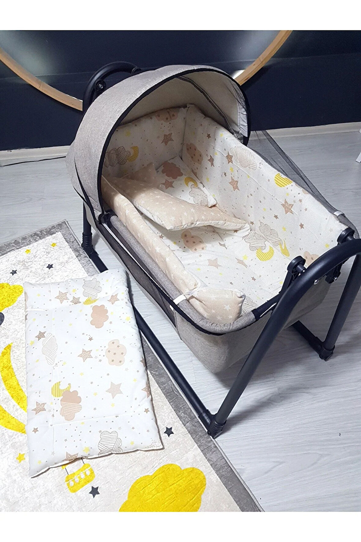 45x85 Keten Portatif Beşik ve Uyku Seti - Anne Yanı Sallanır Tenteli Bebek Beşiği