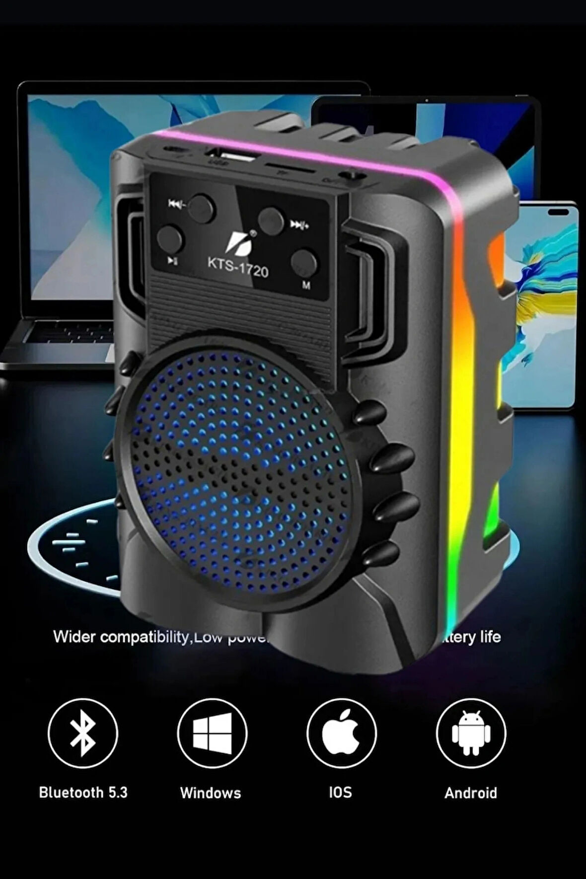 Taşınabilir Bluetooth Hoparlör – RGB Işıklı, Extra Bass, FM Radyolu, USB + SD Destekli Kablosuz Speaker