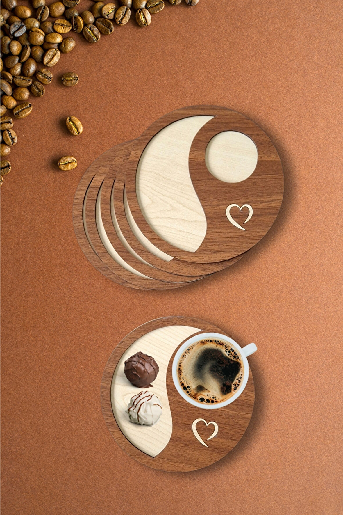 Kutaydan 6 Parça Ahşap Lazer Kesim Bardak ve Kahve Altlığı