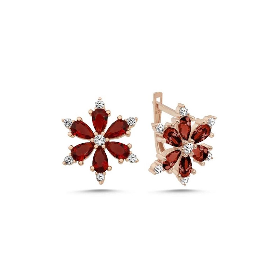 Gümüş Lotus Çiçeği Garnet Zirkon Taşlı Küpe-Rose kaplama