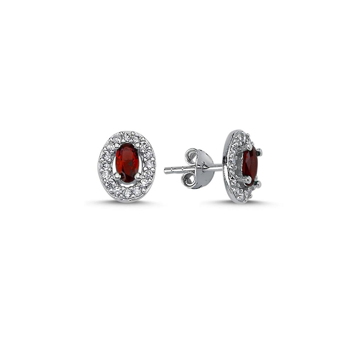 Gümüş Halo Tektaş Oval Renkli Zirkon Taşlı Küpe-Garnet zirkon (kırmızı)