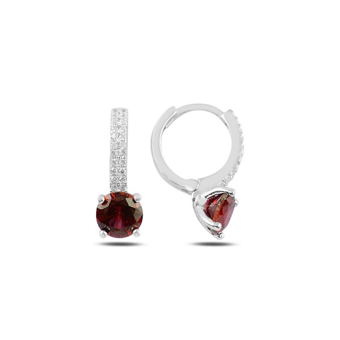 Gümüş Tektaş Zirkon Taşlı Hagi Küpe-Garnet zirkon (kırmızı)