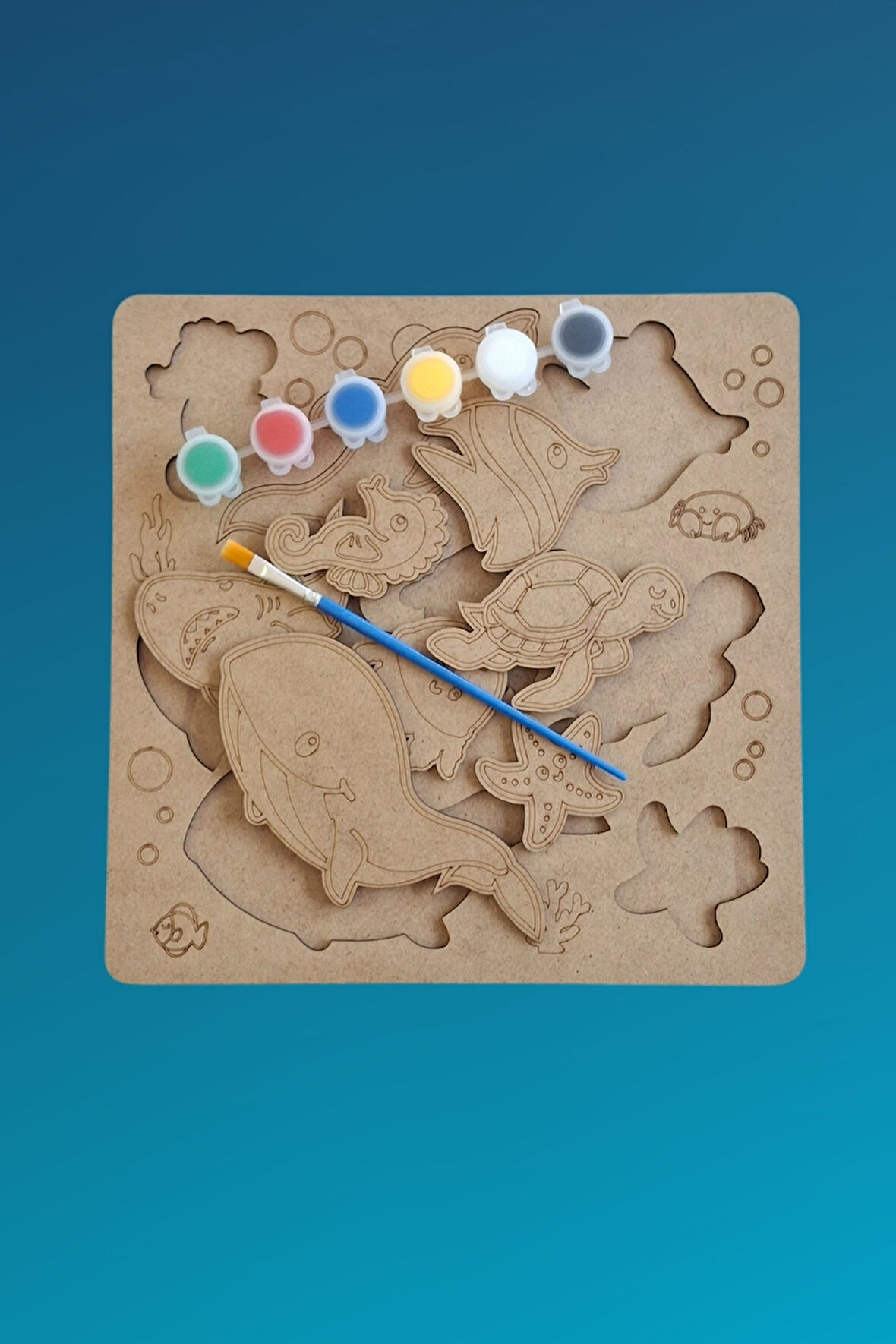 Çocuklar İçin Zeka ve Beceri Geliştiren Su Canlıları Ahşap Boyama Puzzle Seti