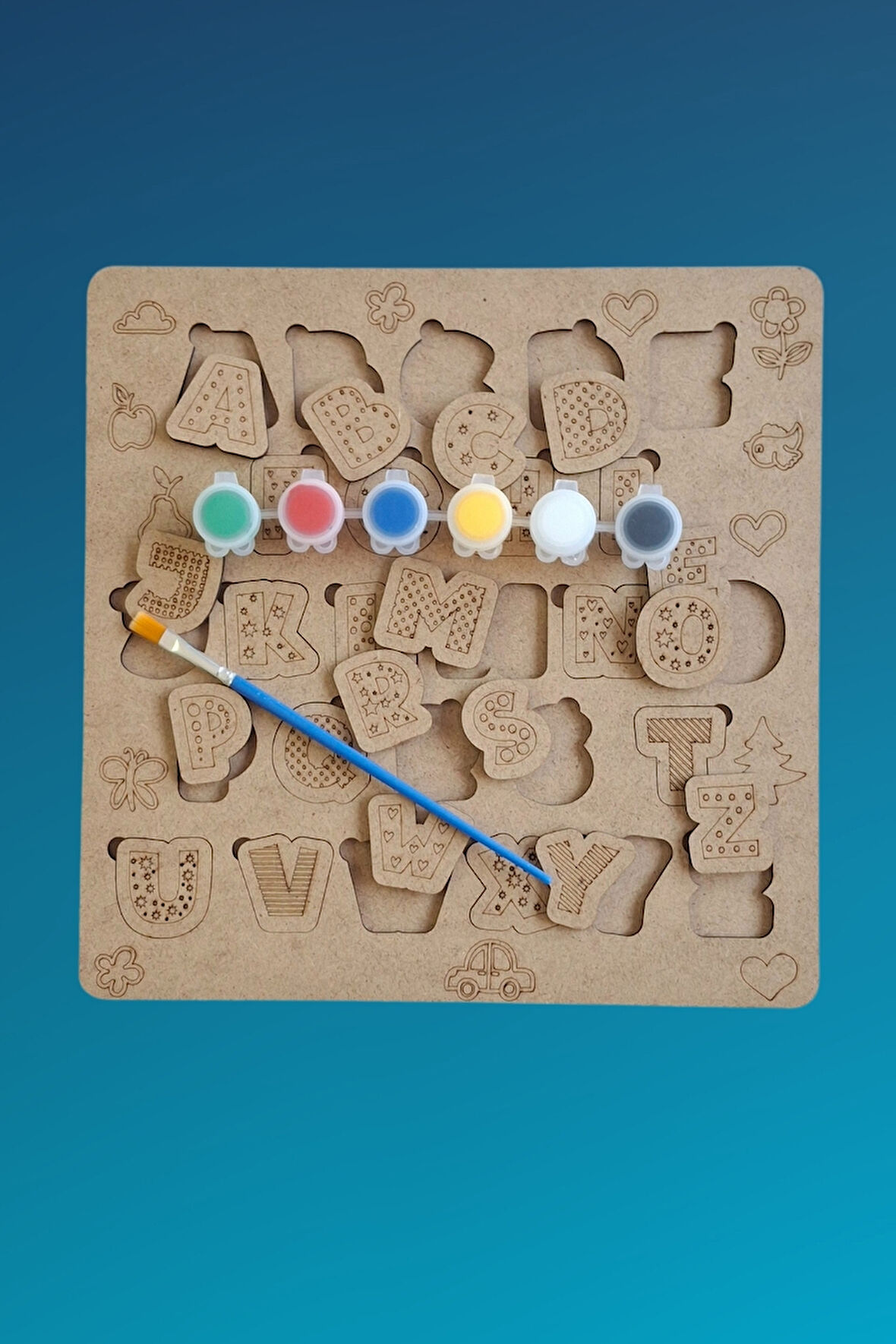 Çocuklar İçin Zeka ve Beceri Geliştiren Harfler Ahşap Boyama Puzzle Seti