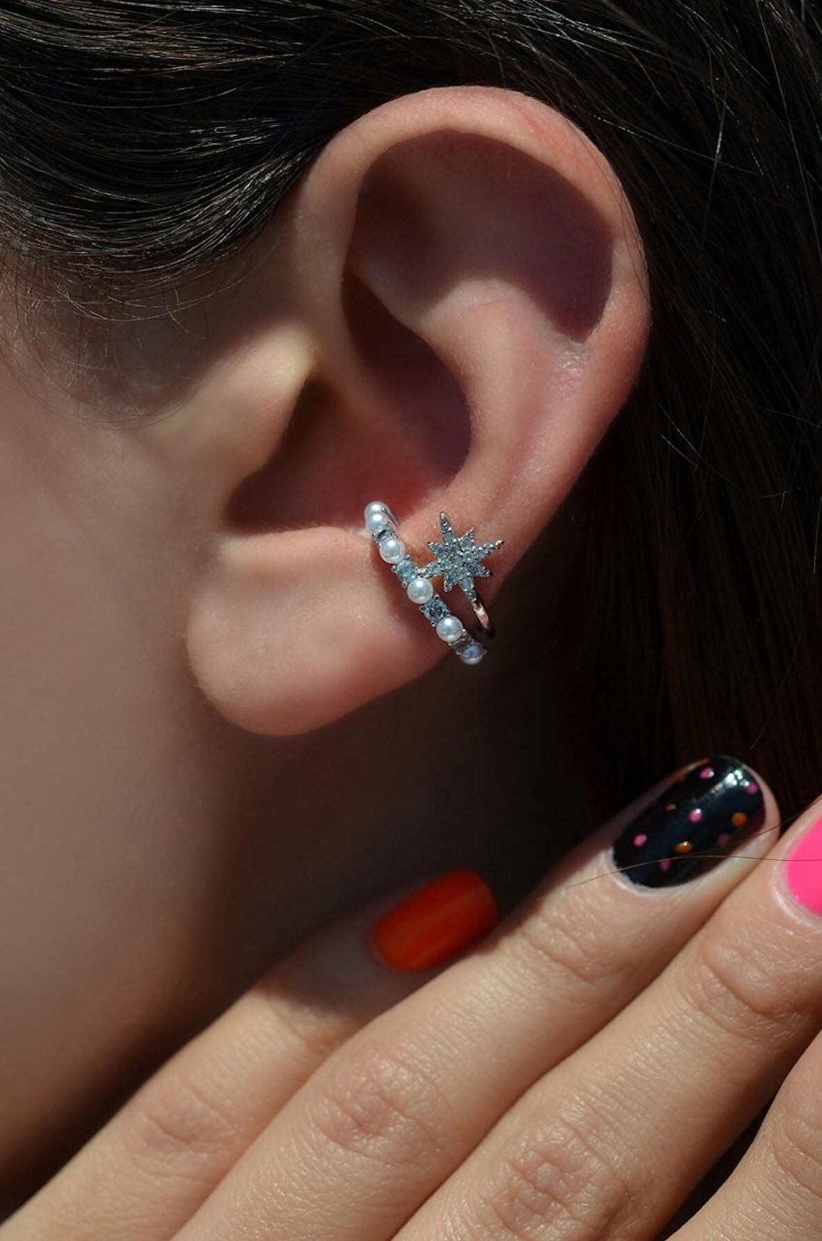 Kutup Yıldızı Detaylı Mini İncili Earcuff Sıkıştırma Kıkırdak Küpesi Gümüş Renkli