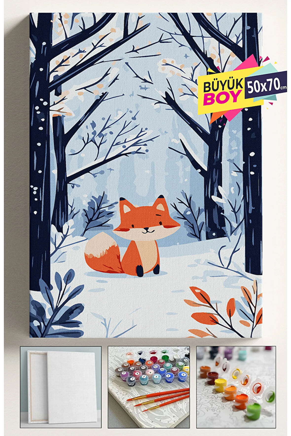 Sayılarla Boyama Seti Numaralı Tuval Fırça Boya Dahil Kasnaklı Set 50x70 Cm - KÜÇÜK TİLKİ KARDA