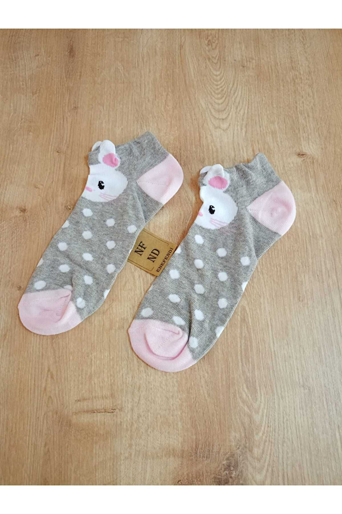 KULAKLI PAMUKLU PUANTİYELİ GRİ PEMBE 3D PATİK ÇORAP DESENLİ ÇORABI 36-40