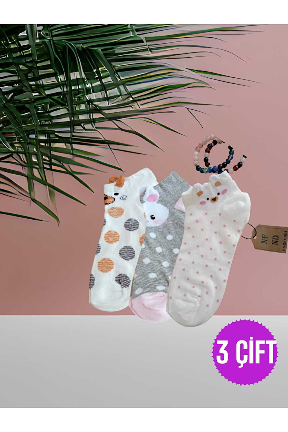 PATİK ÇORAP KULAKLI PAMUKLU DESENLİ KADIN ÇORABI 36-40 PUANTİYELİ, GRİPEMBE VE KREM 3 ÇİFT