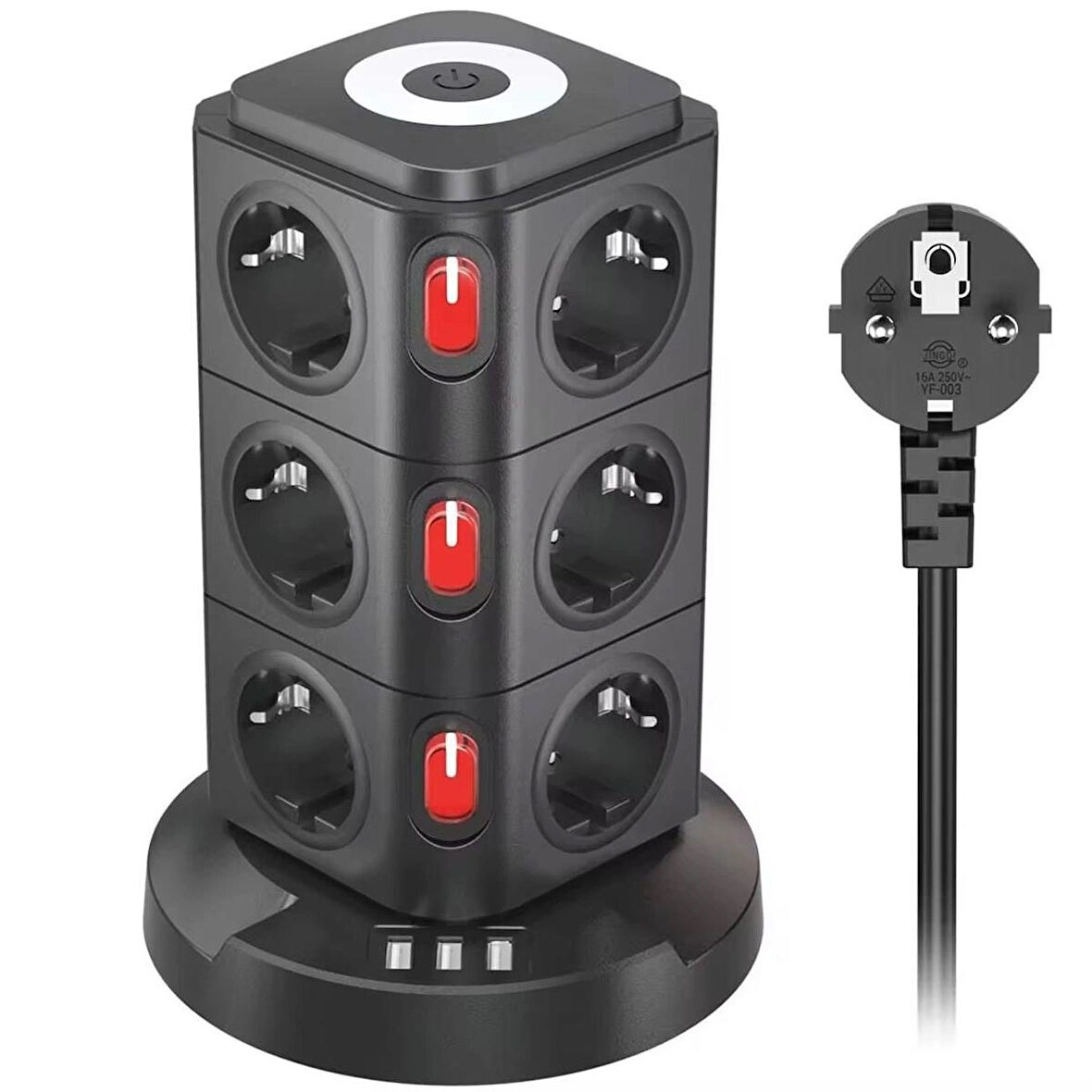 Dikey Tasarım 12 Prizli Akım Korumalı Grup Priz - Anahtarlı ve USB Çıkışlı