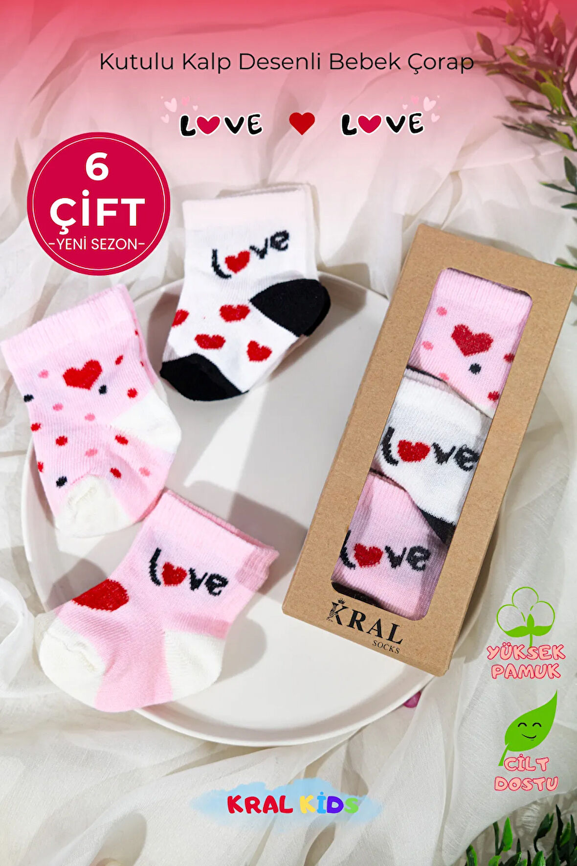 Kız Bebek Çorap Seti 6 Çift – Kalpli Desen – Kutulu – Pamuk – Patik Boy