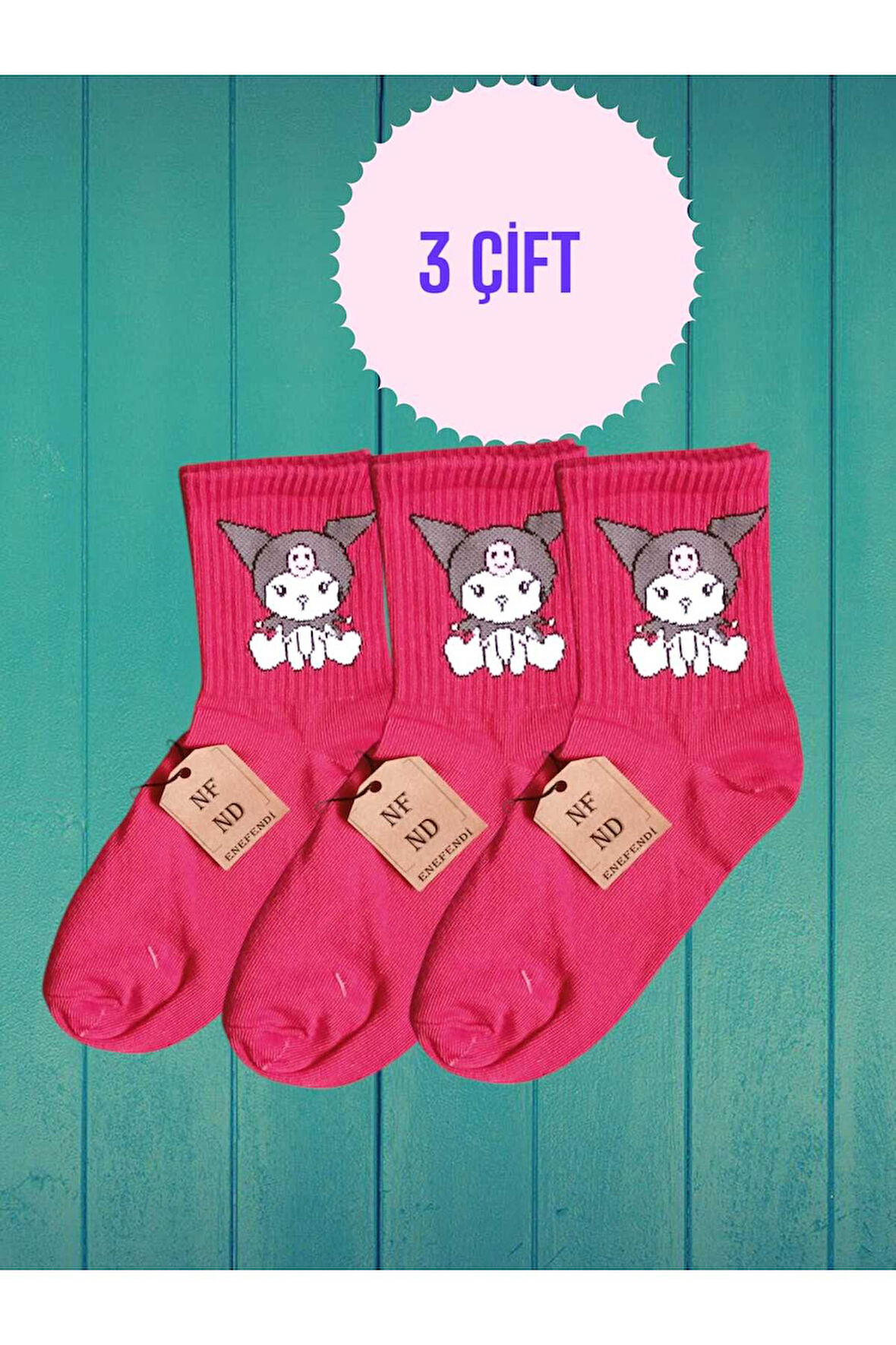 3 ÇİFT KUROMİ SANRİO PEMBE RENK ÇORAP YUMUŞAK KISA KONÇ DESENLİ ŞIK RAHAT 36-40