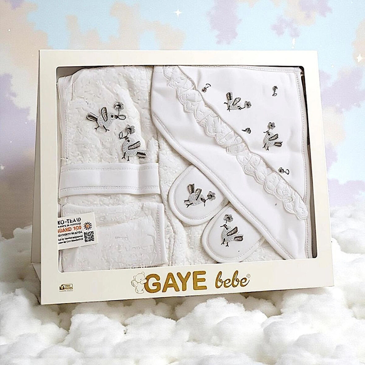 KIZ BEBEK 0-12 AY KUŞLU ÇİÇEK NAKIŞLI ORGANİK PAMUK 4 PARÇA BORNOZ SETİ