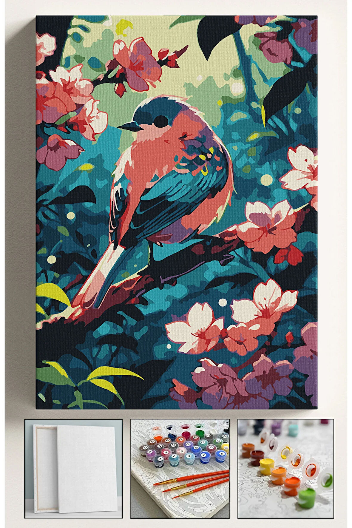 Sayılarla Boyama Çerçeveli Hobi Seti Numaralı Tuval Fırça Boya Dahil Kasnaklı PEMBE KUŞ 40X50 Cm