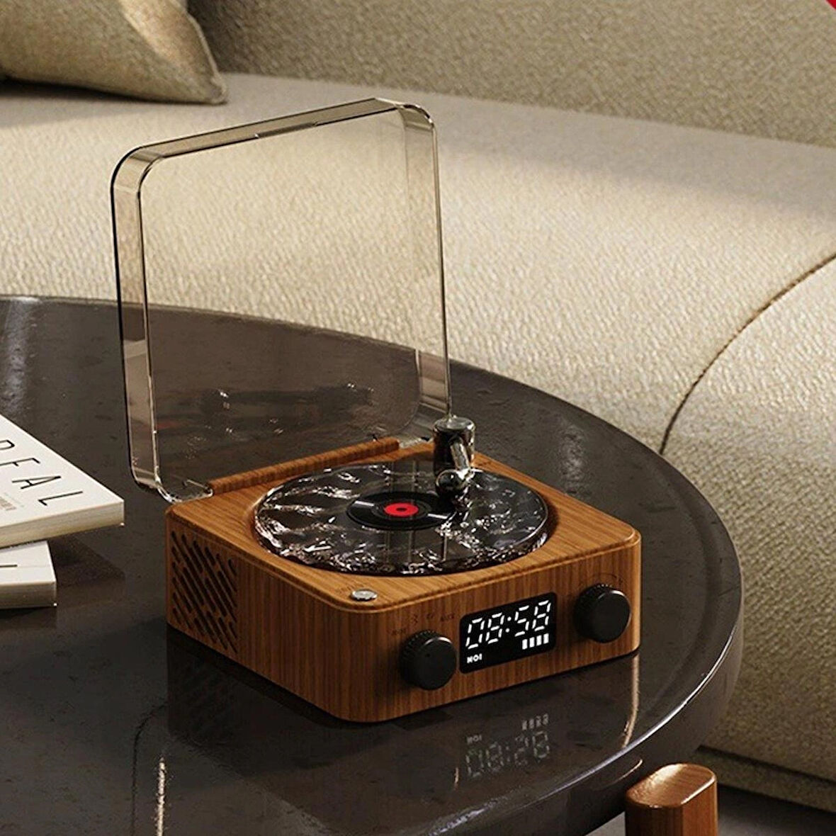 Nostaljik Tasarımlı LED Işıklı Bluetooth Hoparlör - Pikap Görünümlü Müzik Kutusu
