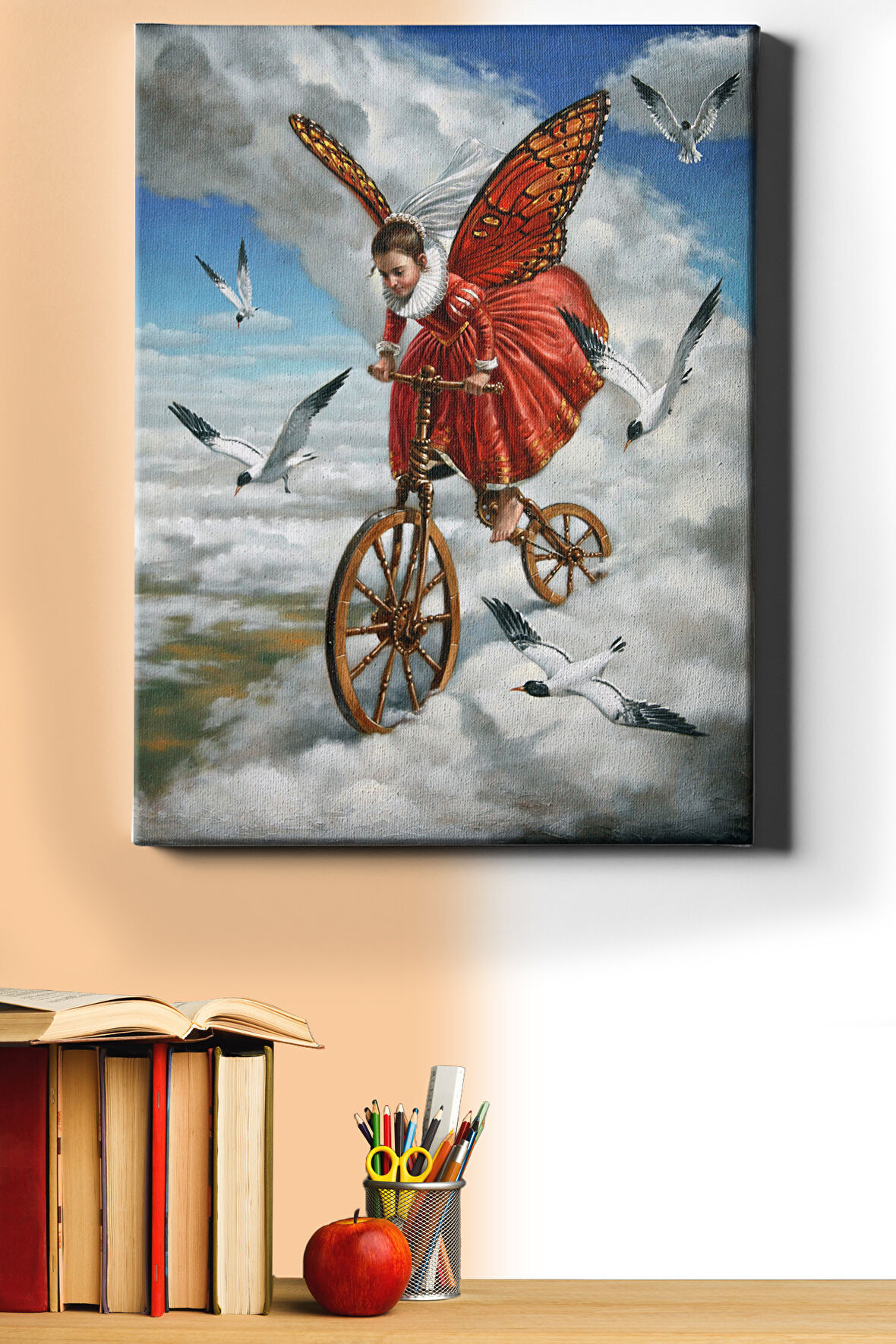 Sayılarla Boyama Seti Çerçeveli Kasnaklı Renkli Bulutların Üzerindeki Kız 40x50 Cm