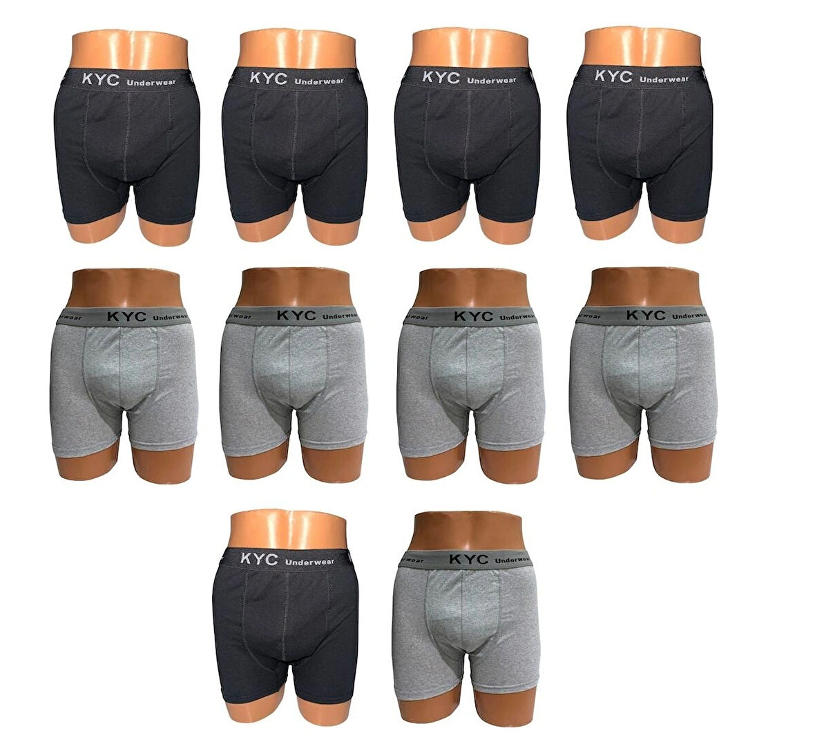 10 Adet Siyah-Gri Karışık Renk 1.Kalite Pamuklu Likralı Penye Esnek Kumaş Boxer Baksır