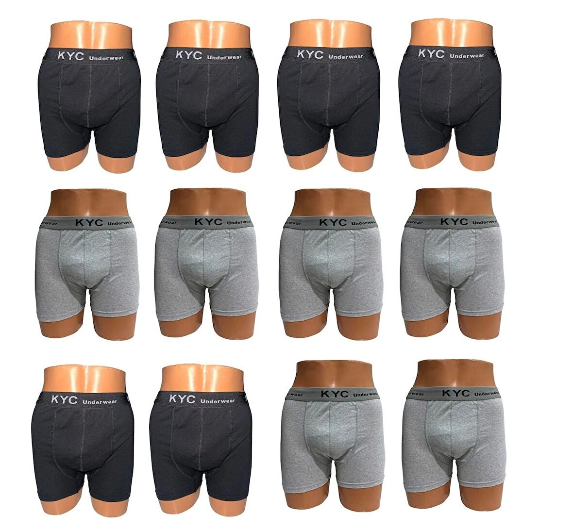 12 Adet Siyah-Gri Karışık Renk 1.Kalite Pamuklu Likralı Penye Esnek Kumaş Boxer Baksır