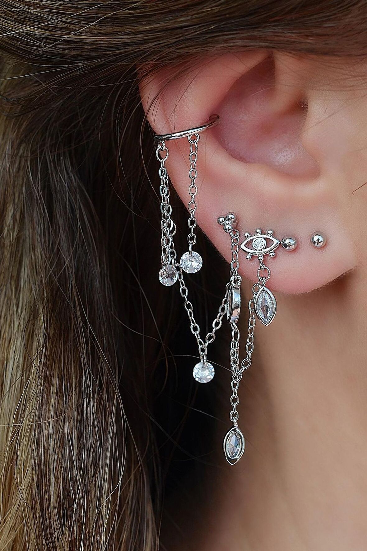 5 Parça Zincir Salantılı Earcufflı Küpe Seti Kıkırdaklı Küpe Seti Gümüş Renk
