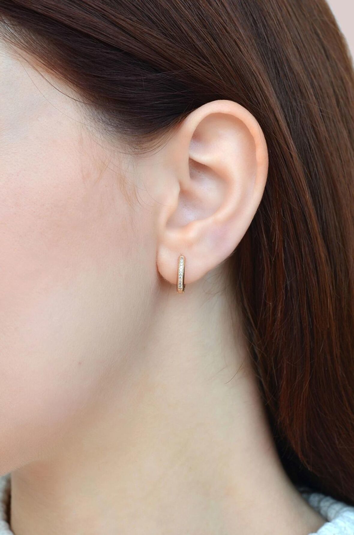 Taşlı Küçük Halka Küpe Rose Gold
