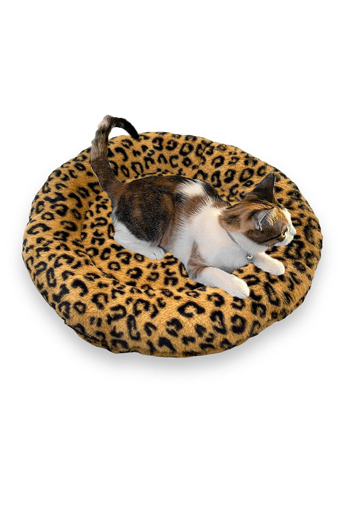 Yumuşak Tüylü Peluş Yuvarlak Evcil Hayvan Kedi Yatağı Minder 50cm Leopar Desenli