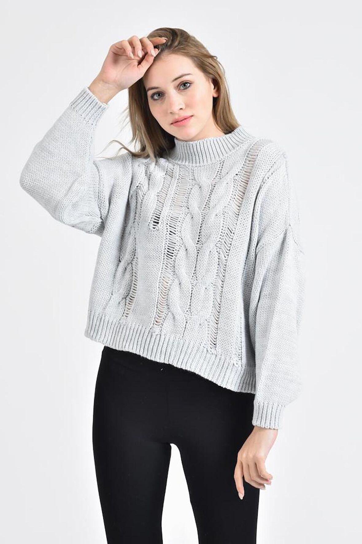 Yarım Balıkçı Yaka Uzun Kollu Saç Örgülü Gri Kadın Kazak