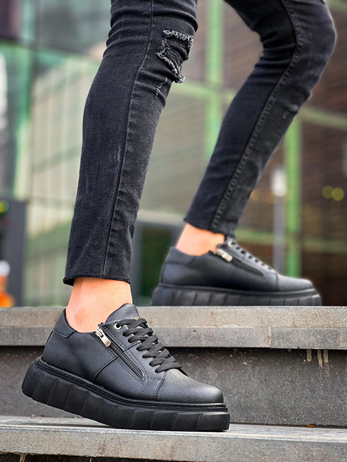 KB-X155 Kuback Siyah Cilt Detaylı Siyah Yüksek Taban Günlük Spor Ayakkabı