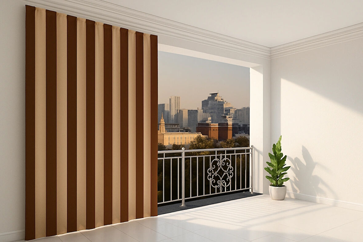 Kahve Krem Çizgili Su Geçirmez Kornişli Bağcıklı Balkon Perdesi Branda