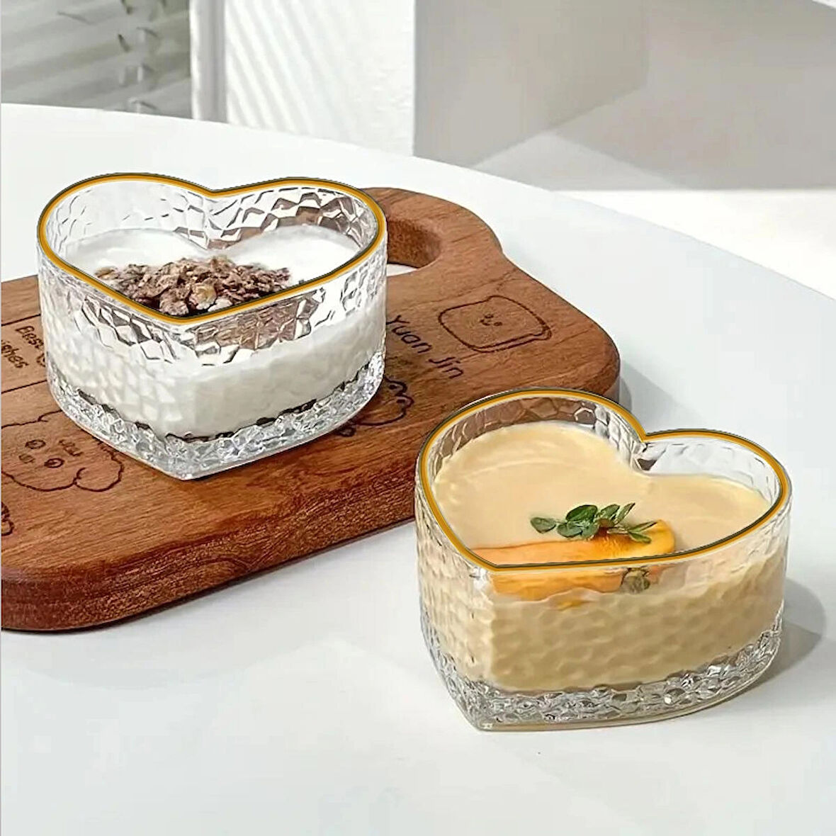 6'lı Cam Kalp Gold Desenli Magnolia-çerezlik Sunumluk Kasesi