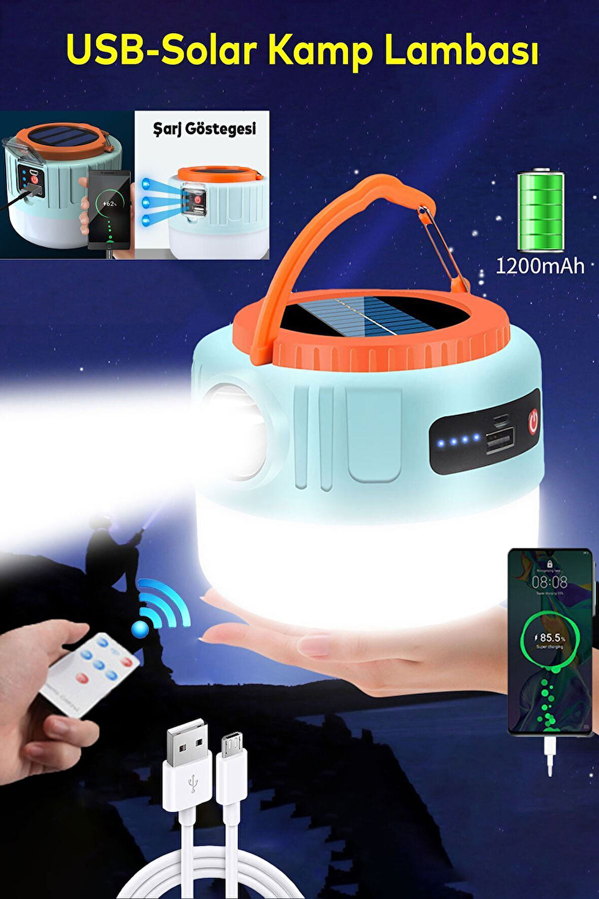 Kamp Lambası Ledli El Feneri Işıldak Güneş Enerjili Şarjlı Pilli Portatif Gece Lambası