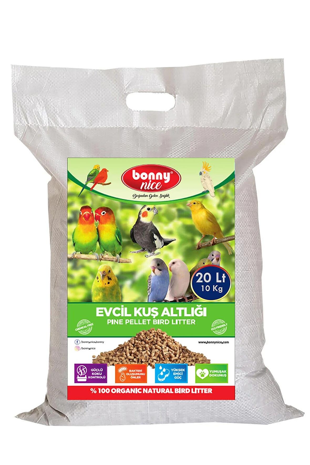 Bonny Nice Doğal Kuş Kumu Çam Pelet Kanarya Kuş Kafes Altlığı 10 Kg 20 Lt