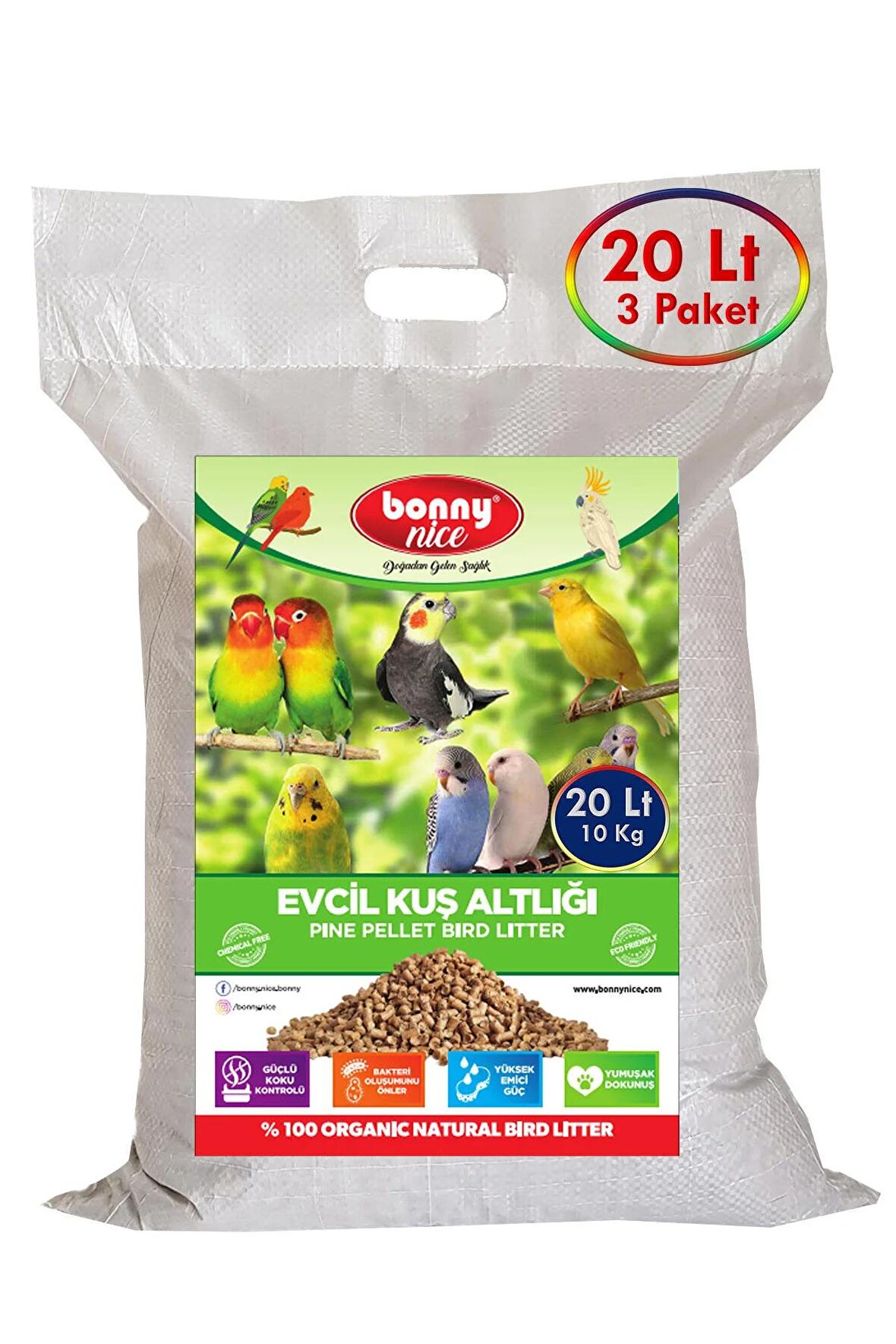 Bonny Nice Doğal Kuş Kumu Çam Pelet Kanarya Kuş Kafes Altlığı 10 Kg 20 Lt (3 Adet)