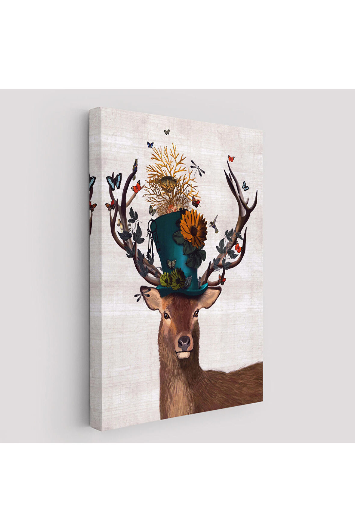 Sürreal Şapkalı Geyik Dekoratif Duvar Yüksek Kaliteli Kanvas Canvas Tablo