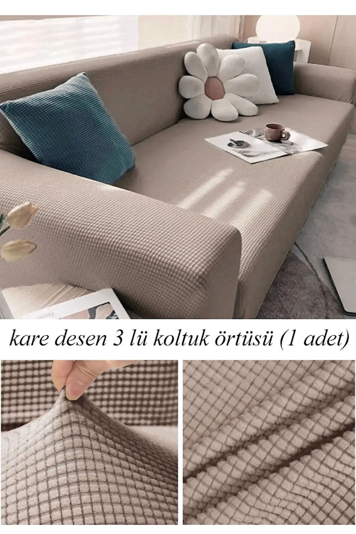 Streç Lastikli Esnek Yikanabilir Kare Desen Berjer Üç Kişilik Koltuk Örtüsü Koltuk Kılıfı (Bir Adet)