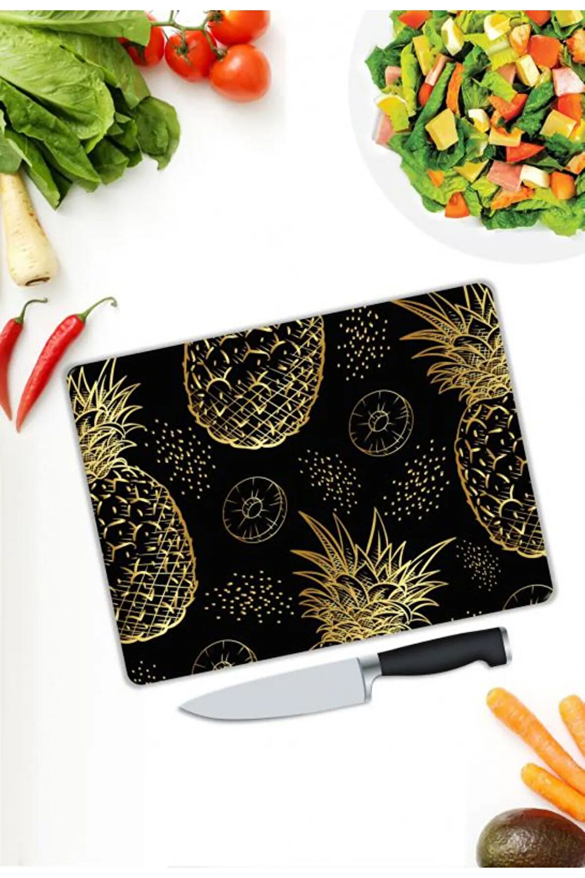 Altın Ananas Desenli Cam Kesme Tablası | Hediyelik, Dekoratif, Ofis, Mutfak